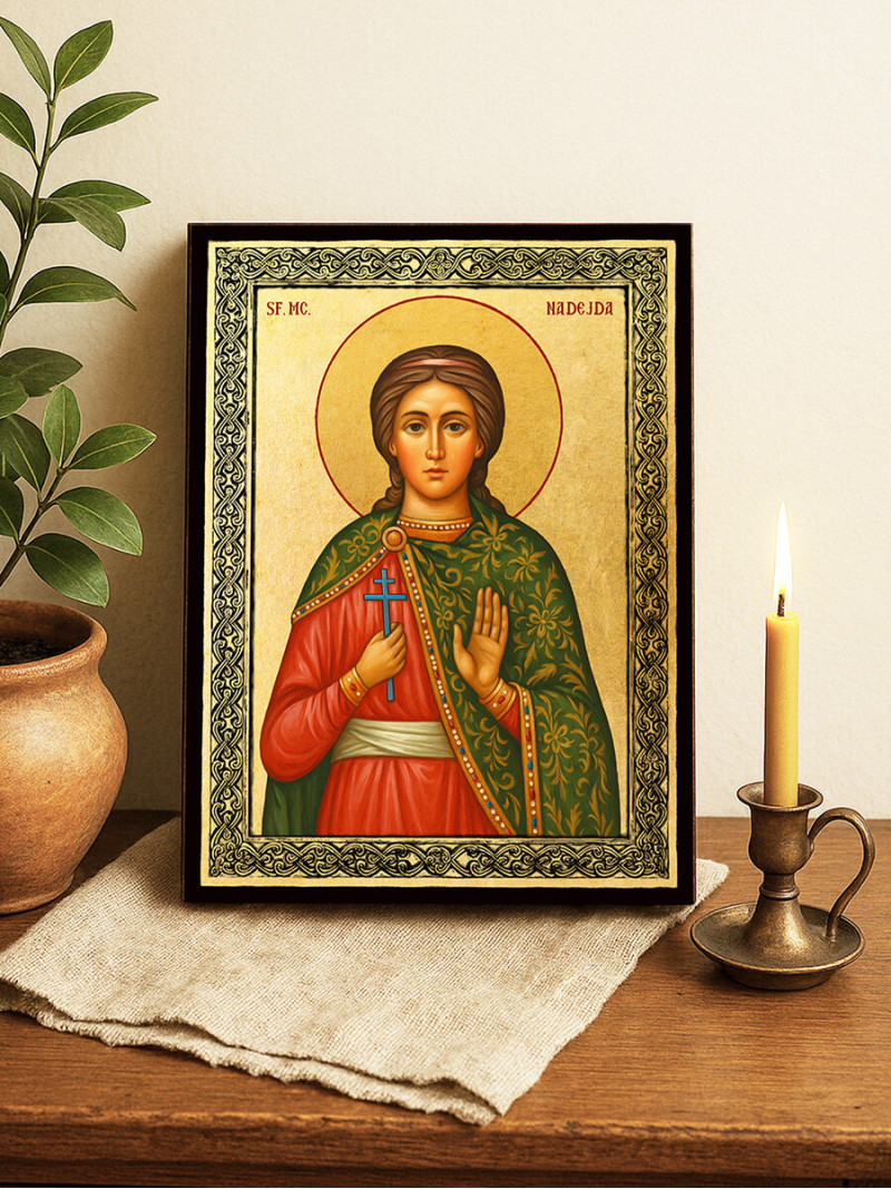 Icoană aurită cu Sfânta Nadejda și ramă decorativă
