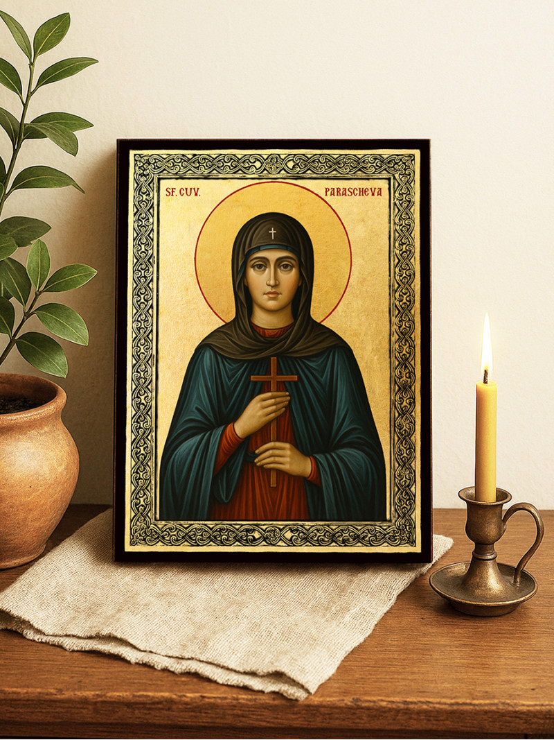 Icoană aurită cu Sfânta Parascheva și ramă decorativă