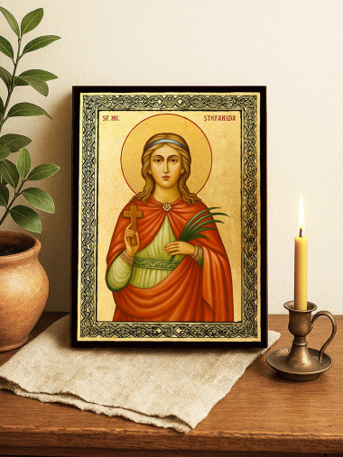 Icoană aurită cu Sfânta Ștefanida Bitolsko-Skaridska și ramă decorativă