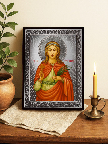 Icoană din argint cu Sfânta Ștefanida Bitolsko-Skaridska și raze decorative
