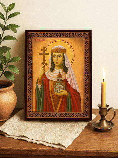 Icoană cu Sfânta Tamara cu ramă decorativă rustică
