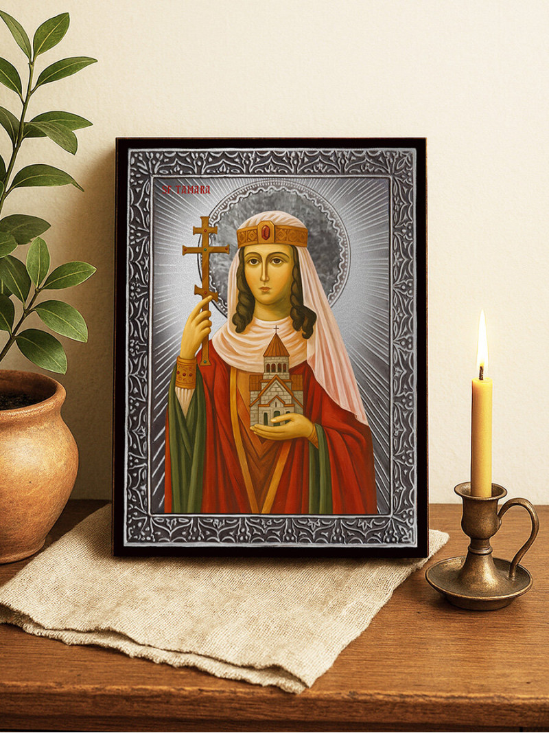 Icoană din argint cu Sfânta Tamara și raze decorative