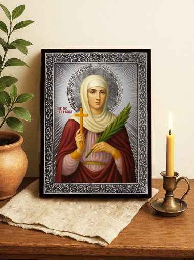 Icoană din argint cu Sfânta Tatiana și raze decorative