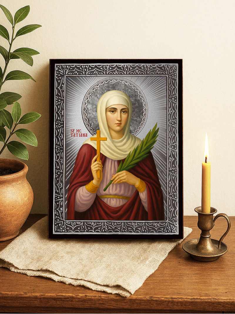 Icoană din argint cu Sfânta Tatiana și raze decorative