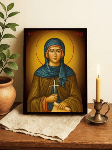 Icoană cu Sfânta Teodora Alexandrina cu fundal galben luminos