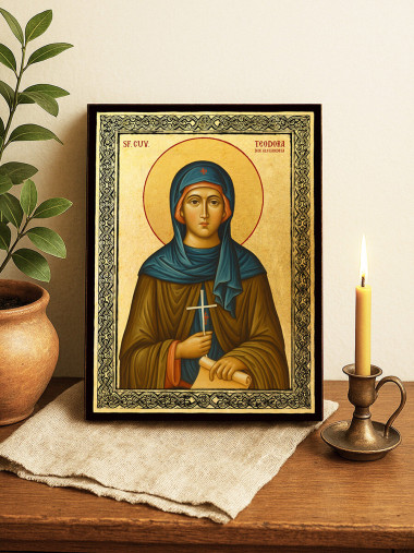 Icoană aurită cu Sfânta Teodora Alexandrina și ramă decorativă
