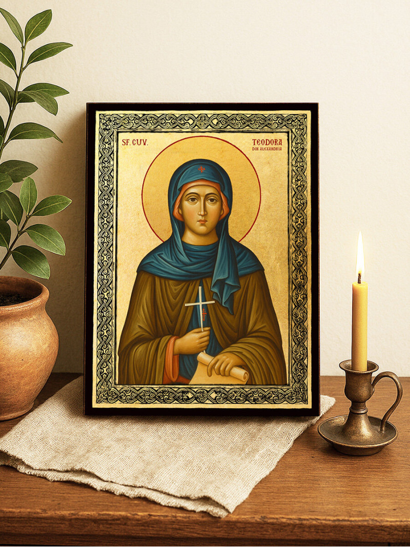 Icoană aurită cu Sfânta Teodora Alexandrina și ramă decorativă