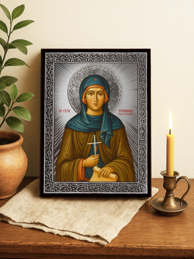 Icoană din argint cu Sfânta Teodora Alexandrina și raze decorative
