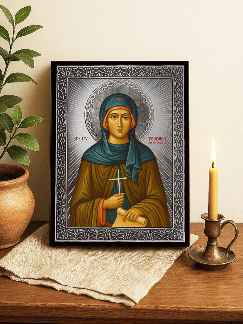 Icoană din argint cu Sfânta Teodora Alexandrina și raze decorative