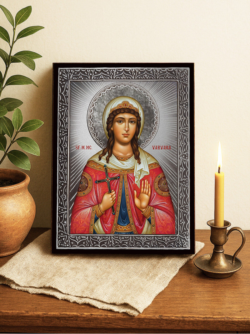 Icoană cu Sfânta Varvara cu raze argintii decorative
