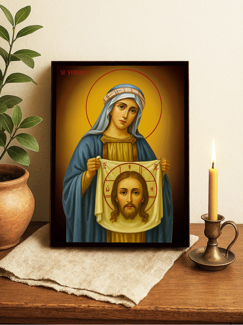 Icoană cu Sfânta Veronica pe fundal galben cald