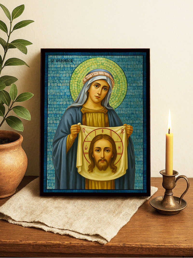 Icoană cu Sfânta Veronica cu mozaic albastru argintiu