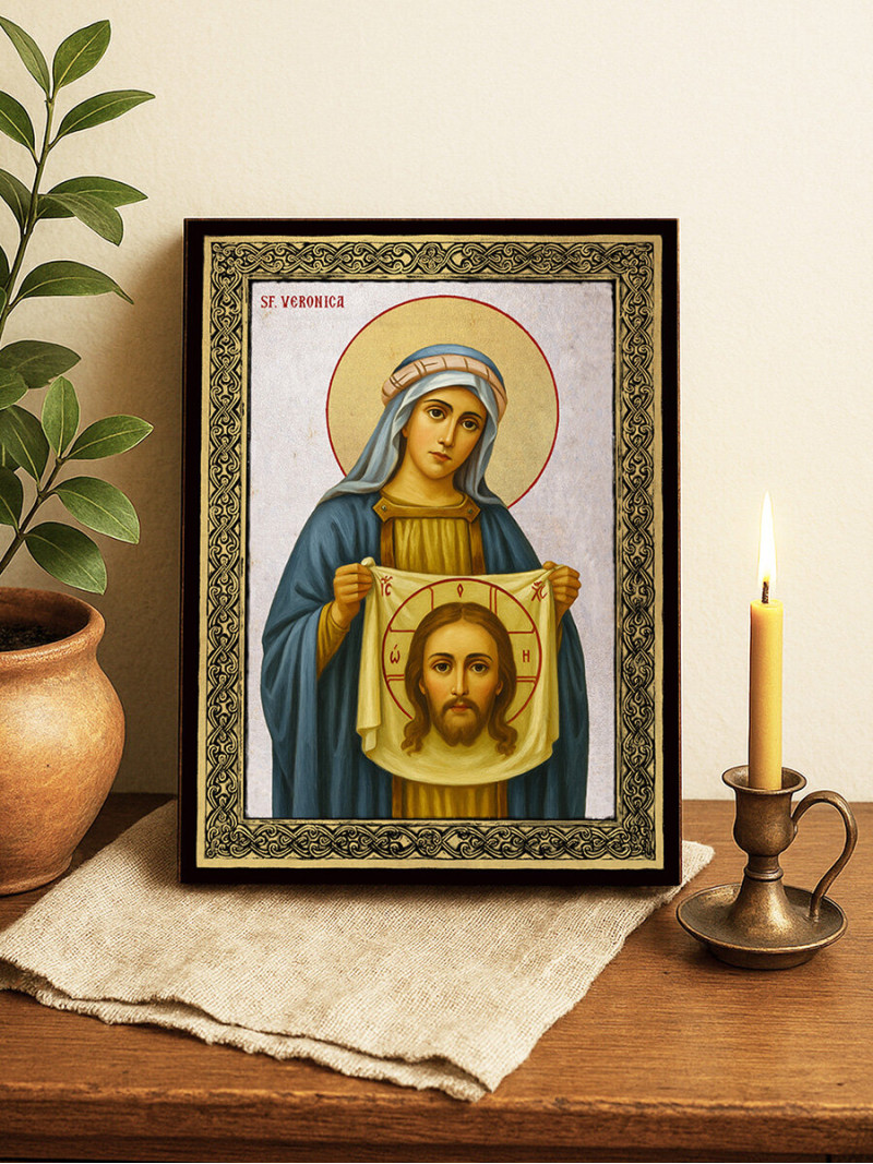 Icoană cu Sfânta Veronica pe fundal argintiu cu ramă aurie