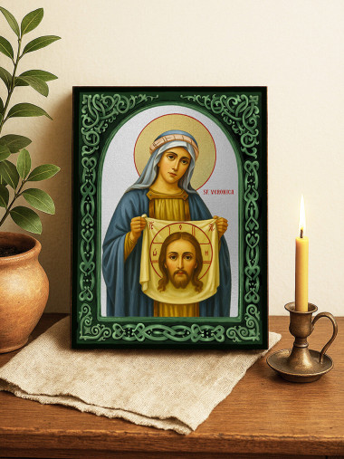 Icoană cu Sfânta Veronica cu arcadă florală verde