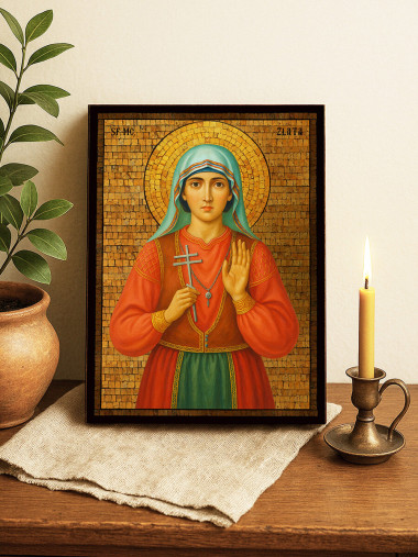 Icoană cu Sfânta Zlata Maglenka cu fundal mozaic auriu