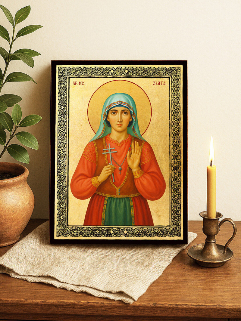 Icoană aurită cu Sfânta Zlata Maglenka și ramă decorativă