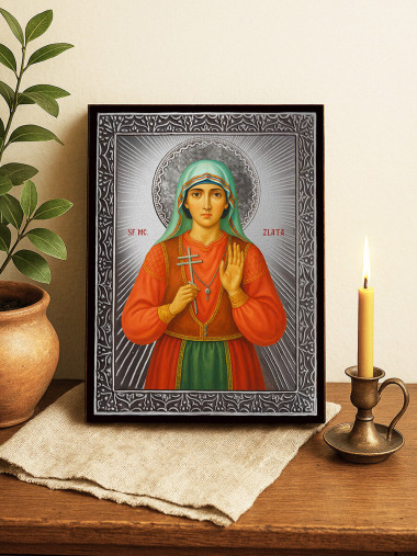 Icoană cu Sfânta Zlata Maglenka cu raze argintii decorative
