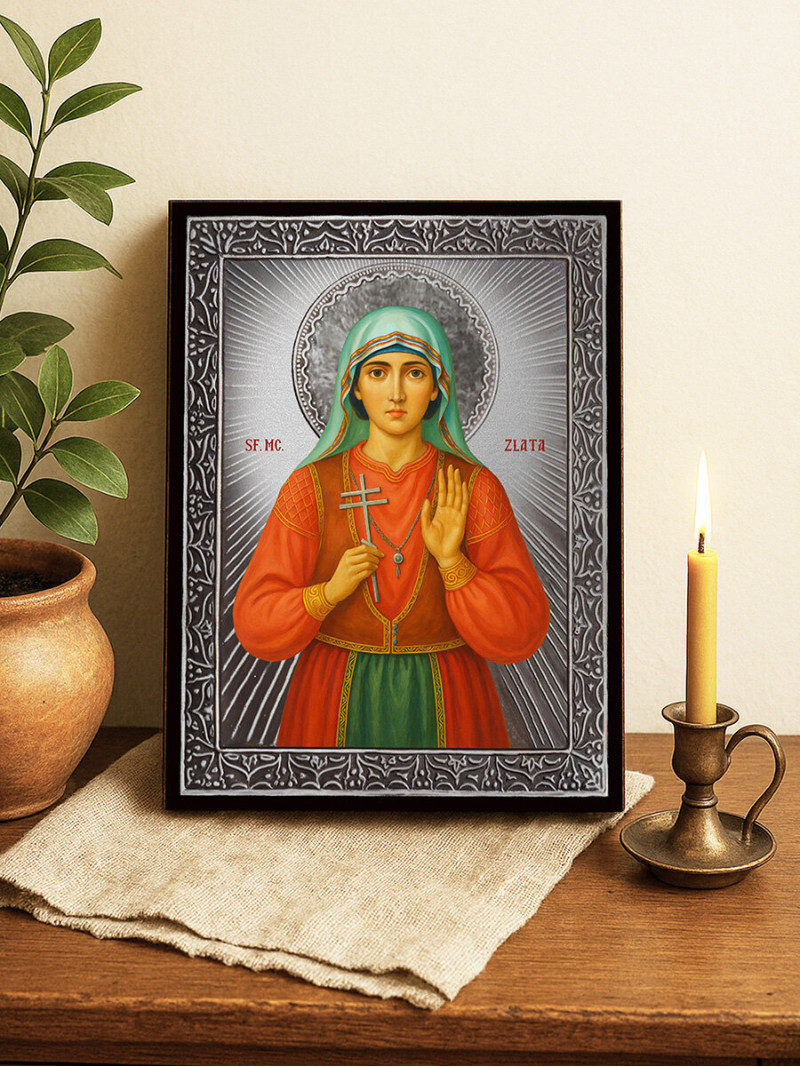 Icoană cu Sfânta Zlata Maglenka cu raze argintii decorative