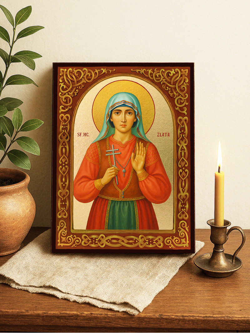 Icoană cu Sfânta Zlata Maglenka cu arcadă florală și fundal auriu