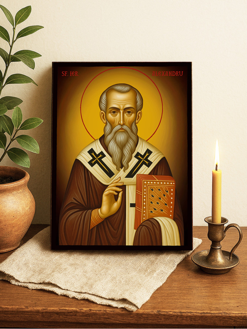 Icoană cu Sfântul Alexandru de Constantinopol pe fundal galben cald