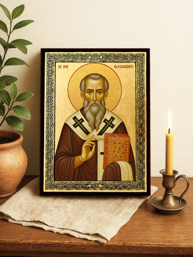 Icoană aurită cu Sfântul Alexandru de Constantinopol și ramă decorativă