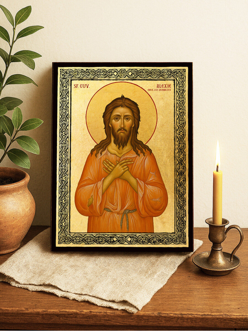 Icoană aurită cu Sfântul Alexie și ramă decorativă