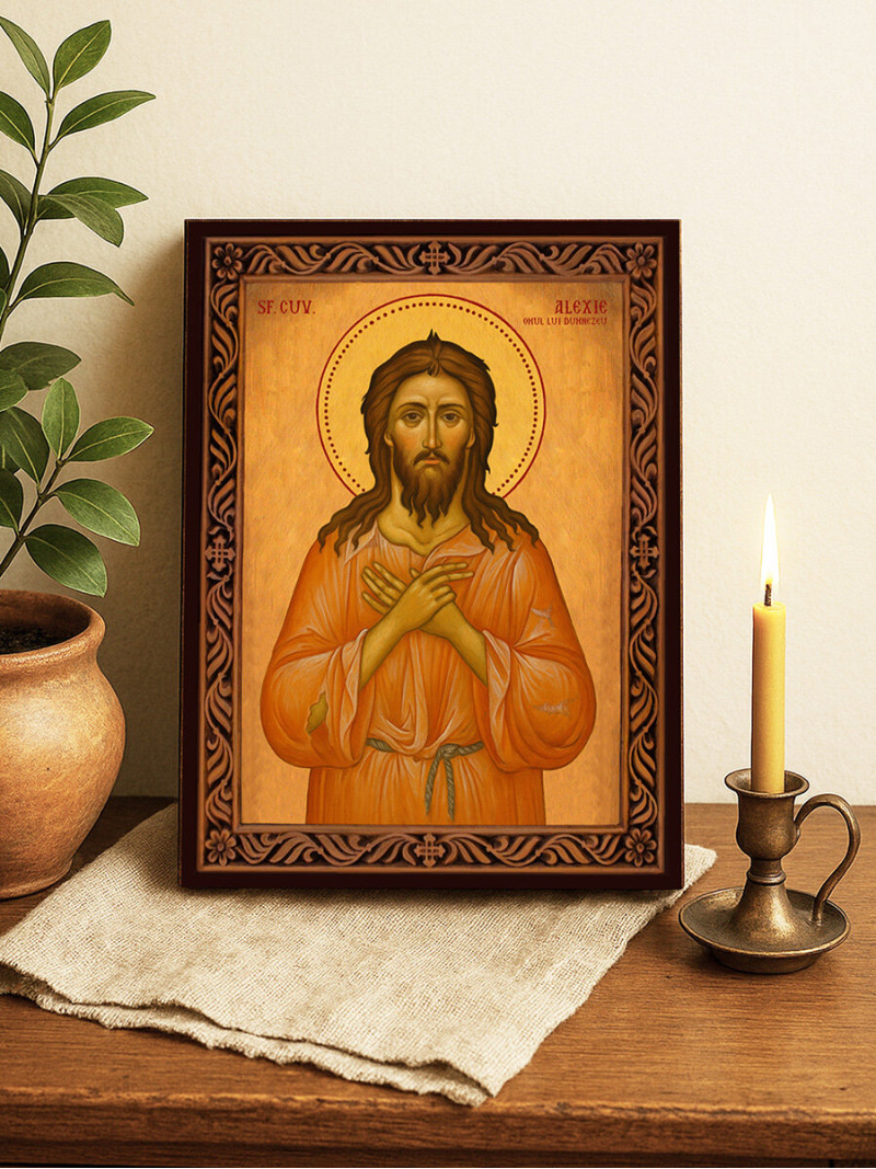 Icoană cu Sfântul Alexie cu ramă decorativă rustică