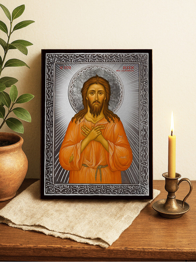 Icoană din argint cu Sfântul Alexie și raze decorative