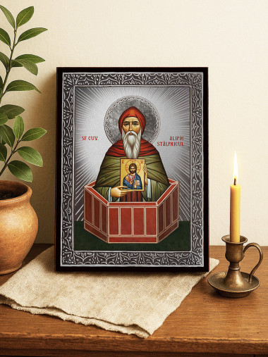 Icoană cu Sfântul Alipie Stâlpnicul cu raze argintii decorative