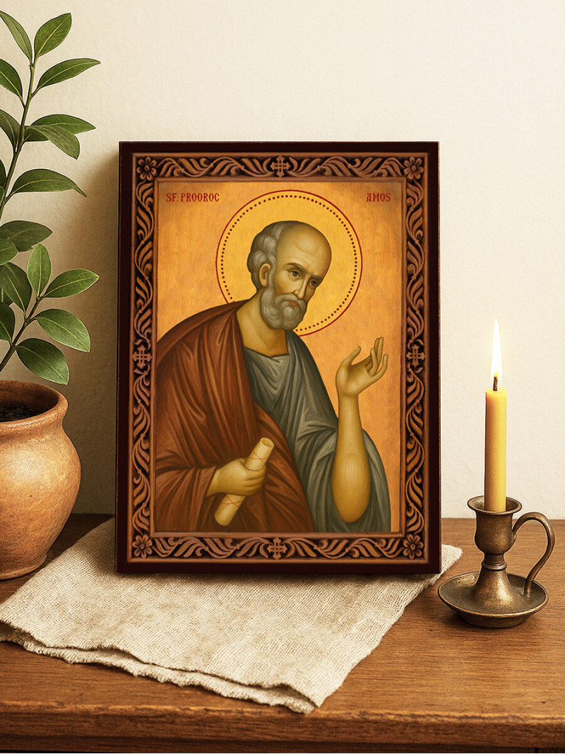Icoană cu Sfântul Amos cu ramă decorativă rustică