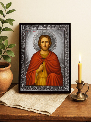 Icoană cu Sfântul Anatolie cu raze argintii decorative