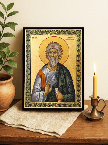 Icoană aurită cu Sfântul Andrei cel Întâi Chemat și ramă decorativă