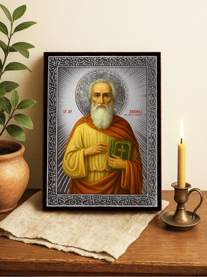 Icoană din argint cu Sfântul Andrei cel Întâi Chemat și raze decorative