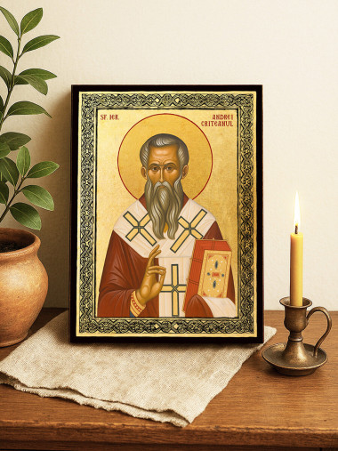 Icoană aurită cu Sfântul Andrei Cretanul și ramă decorativă