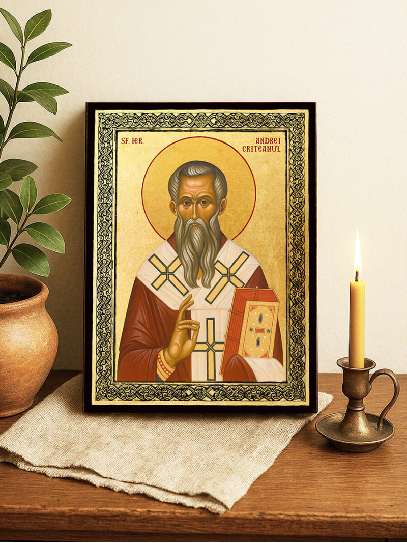 Icoană aurită cu Sfântul Andrei Cretanul și ramă decorativă