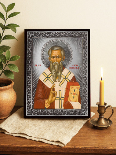 Icoană cu Sfântul Andrei Cretanul cu raze argintii decorative