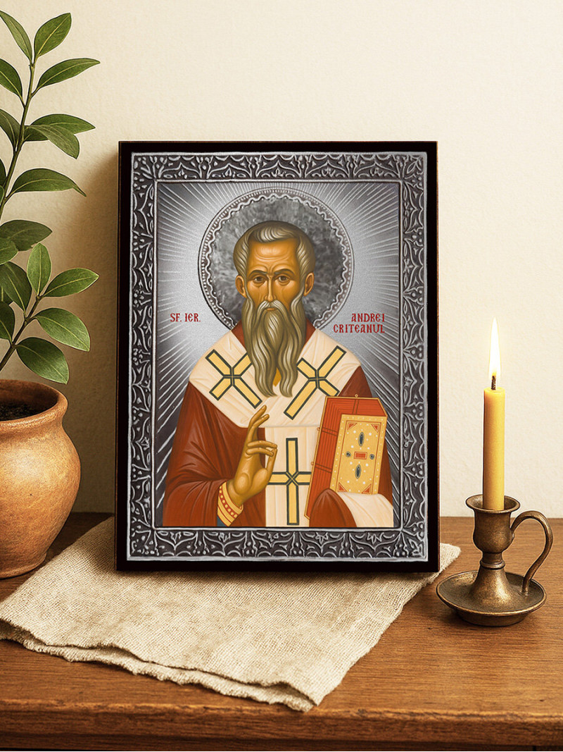 Icoană cu Sfântul Andrei Cretanul cu raze argintii decorative