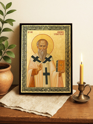 Icoană aurită cu Sfântul Andrei Stratilat și ramă decorativă