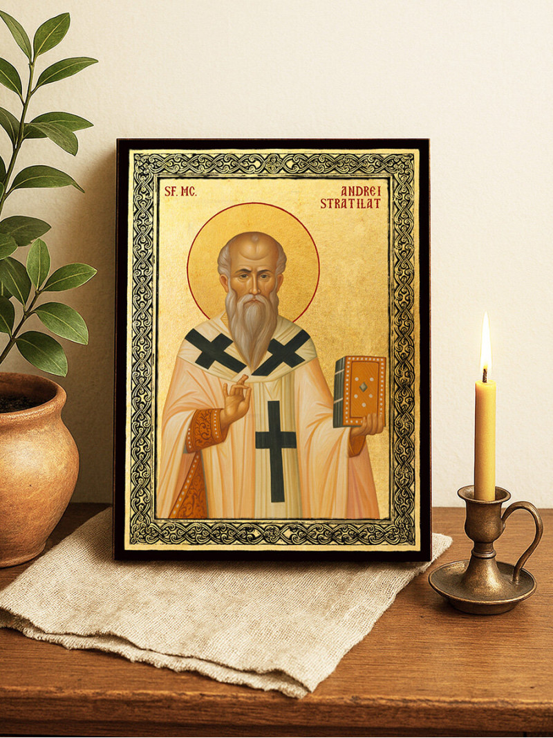 Icoană aurită cu Sfântul Andrei Stratilat și ramă decorativă