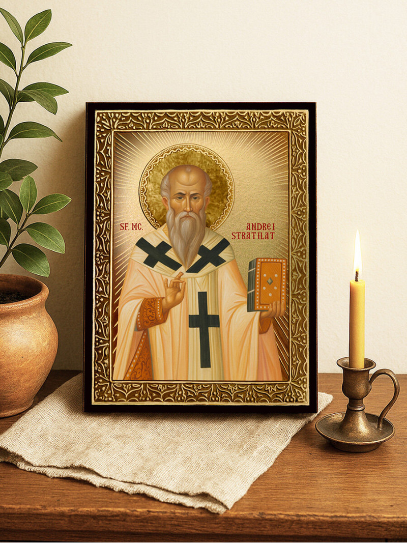 Icoană cu Sfântul Andrei Stratilat cu raze aurii decorative