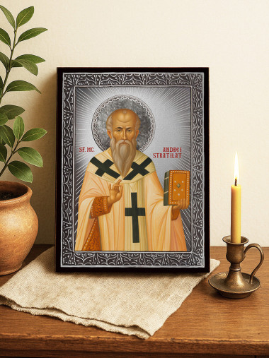 Icoană cu Sfântul Andrei Stratilat cu raze argintii decorative