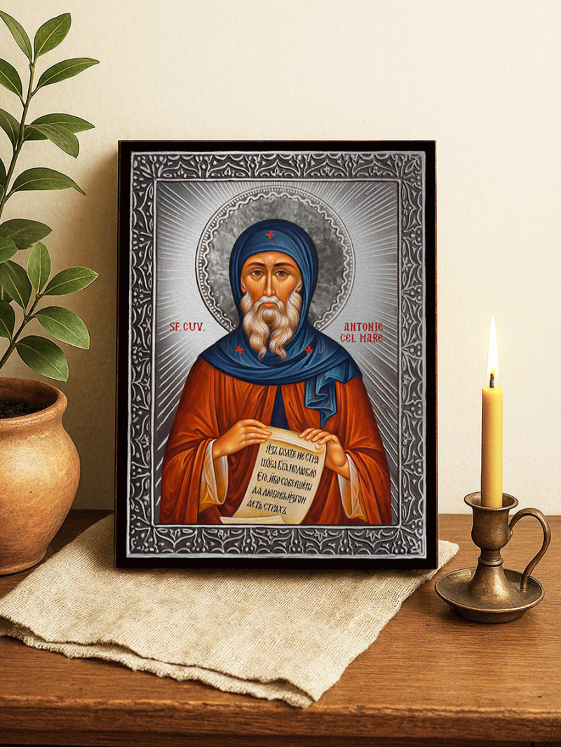 Icoană cu Sfântul Antonie cel Mare cu raze argintii decorative