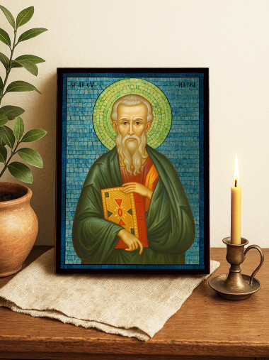 Icoană cu Sfântul Apostol Matei cu mozaic argintiu albastru