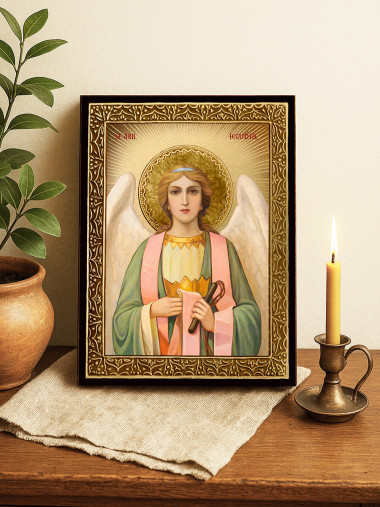 Icoană cu Sfântul Arhanghel Iegudiil cu raze aurii decorative
