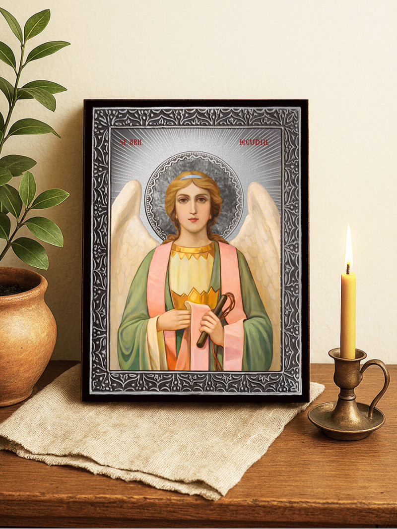 Icoană cu Sfântul Arhanghel Iegudiil cu raze argintii decorative
