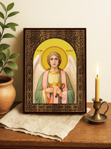 Icoană cu Sfântul Arhanghel Iegudiil cu arcadă decorativă din lemn