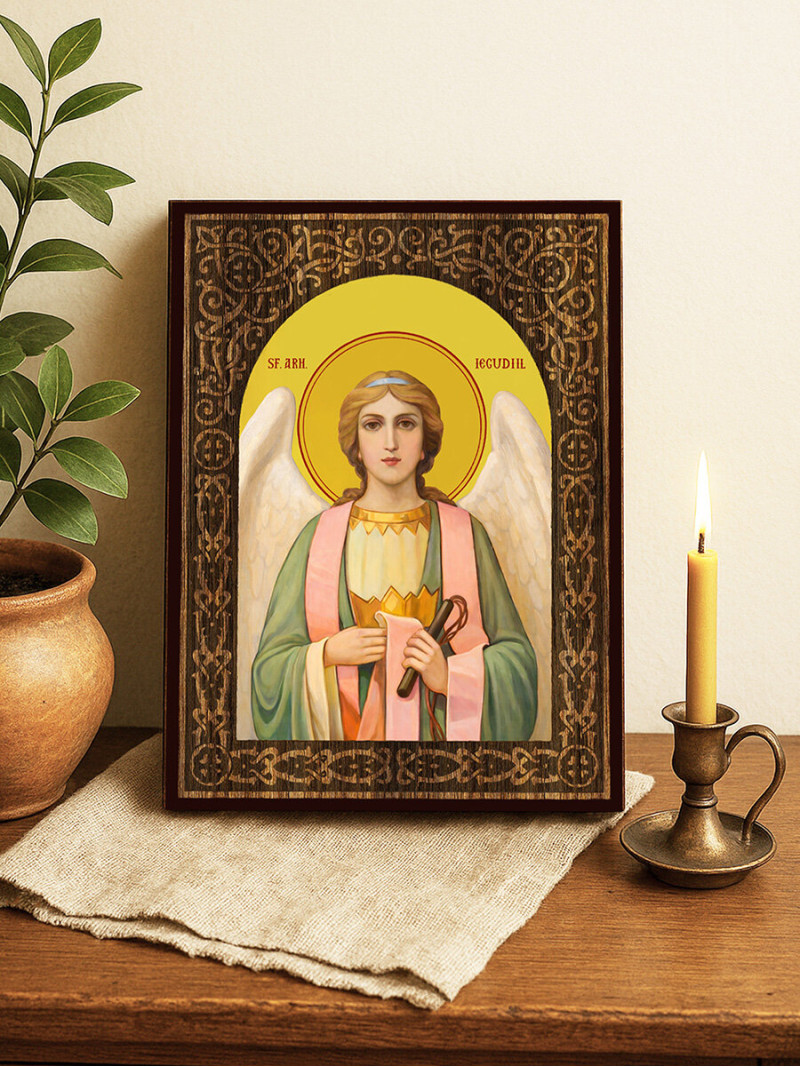 Icoană cu Sfântul Arhanghel Iegudiil cu arcadă decorativă din lemn