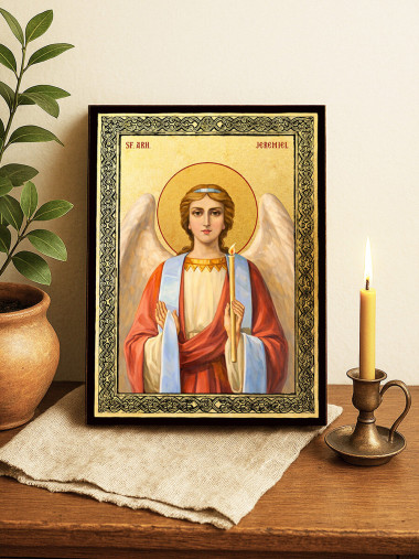 Icoană aurită cu Sfântul Arhanghel Ieremiil și ramă decorativă