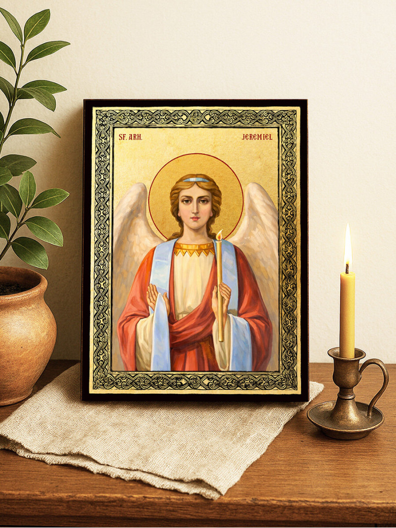 Icoană aurită cu Sfântul Arhanghel Ieremiil și ramă decorativă