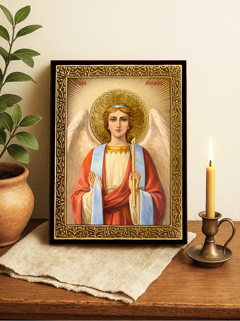 Icoană cu Sfântul Arhanghel Ieremiil cu raze aurii decorative